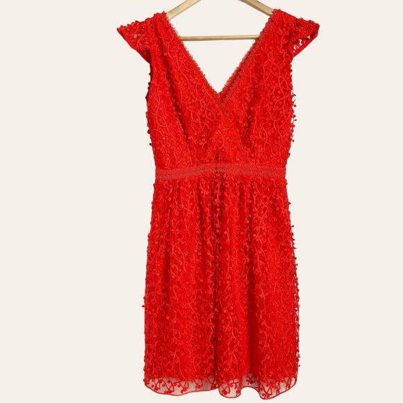 Reiss Abrianna Red Lace V-Neck Cap Sleeve Cocktail Dress Size 4 - Picture 6 of 15